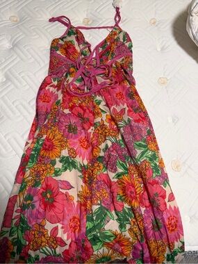 Free People Pink Floral Maxi Dress with Green and Orange Accents
